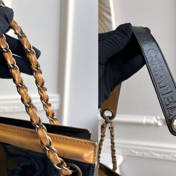 Authentic Chanel Parent Beige Black Leather Quilted Large Shoulder Bag B0796 - Picture 9 of 16